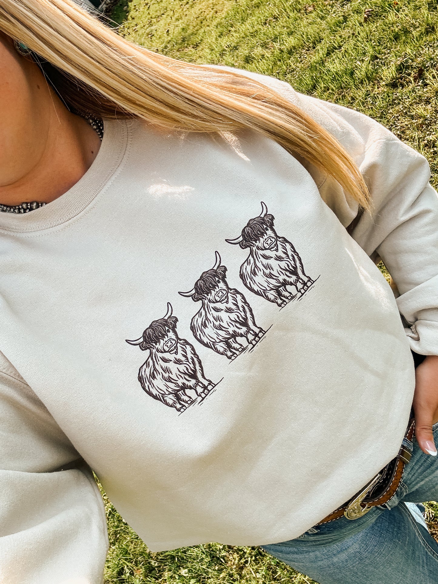 Western inspired highland cow crewneck worn outdoors, showing close up of the graphic print in natural sunlight.