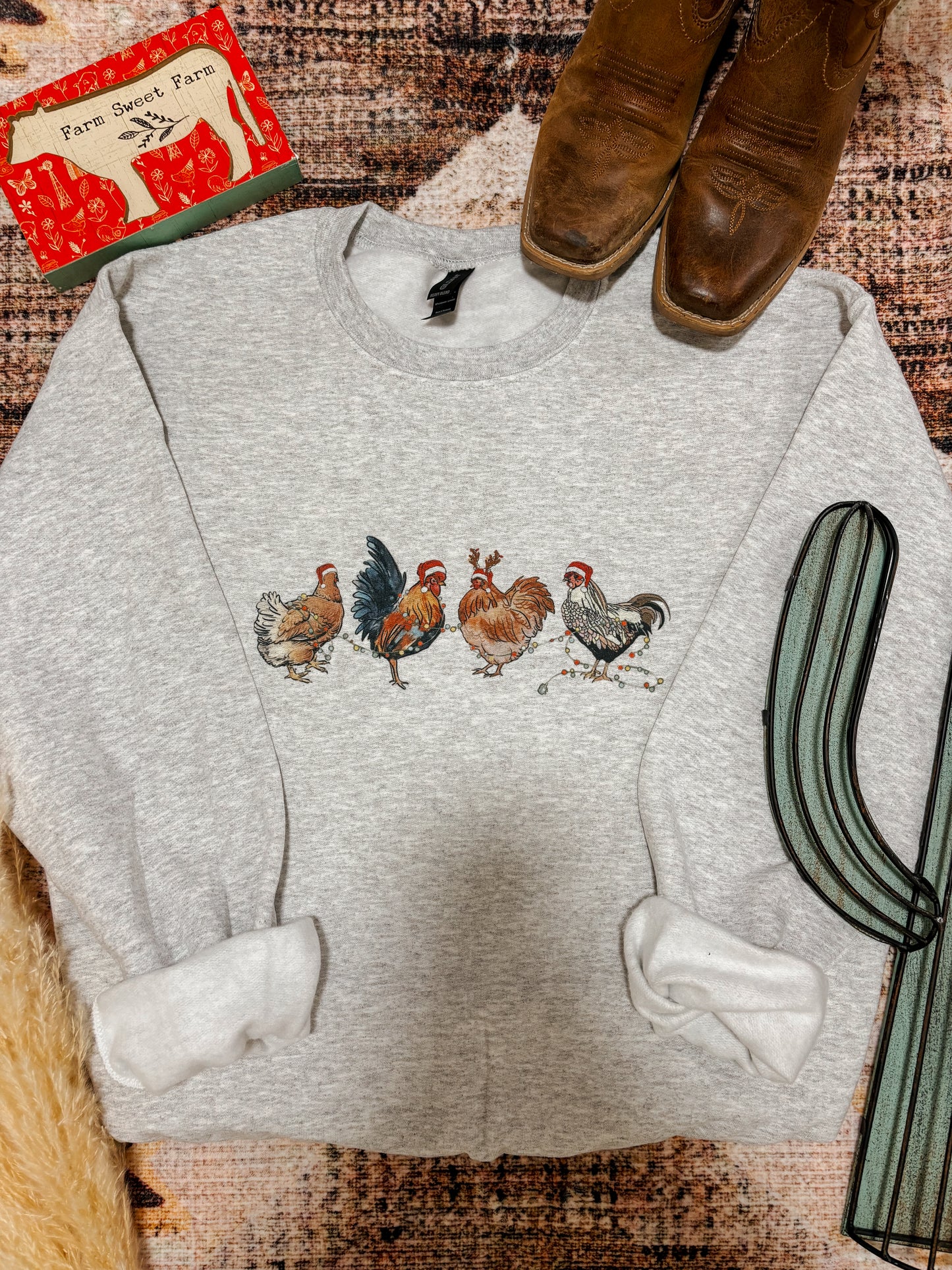 Western Christmas sweatshirt with festive chicken graphic, cozy ash grey crewneck by Hides & Kinds