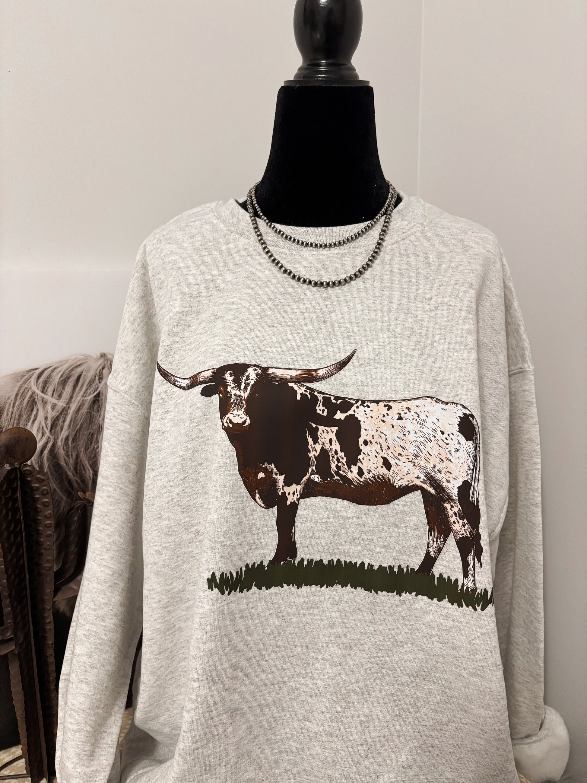 Ranch King Crewneck in ash grey featuring western longhorn graphic – women's country sweatshirt by Hides & Kinds