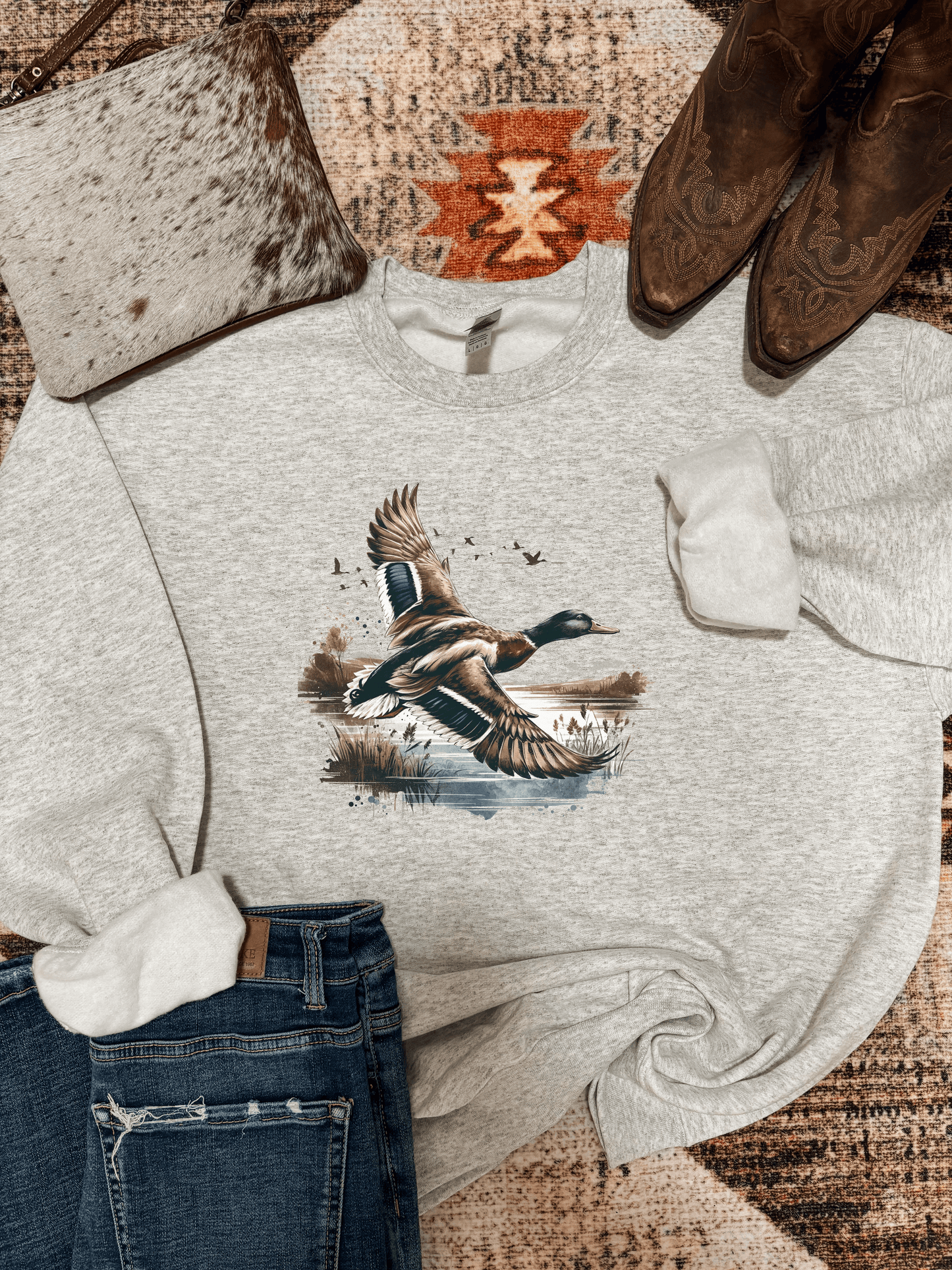 Vintage Mallard Duck Crewneck in ash grey, country inspired sweatshirt with flying duck print and rustic outdoor style