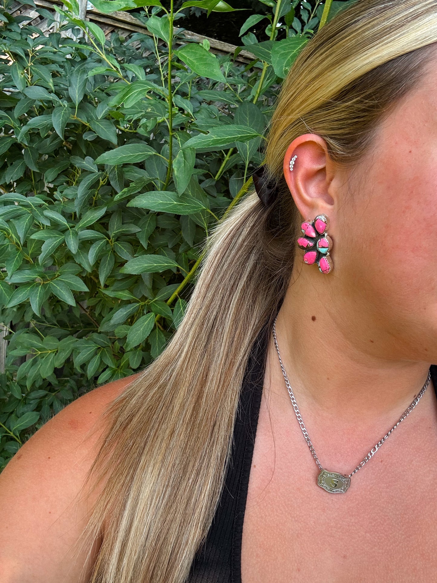 Close up of Cotton Candy Cluster Studs with pink and blue turquoise stones in sterling silver