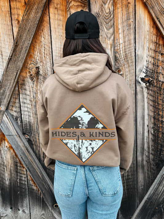Back view of the Desert Ridge Hoodie in Teddy Brown featuring the canyon ridge diamond graphic by Hides & Kinds.
