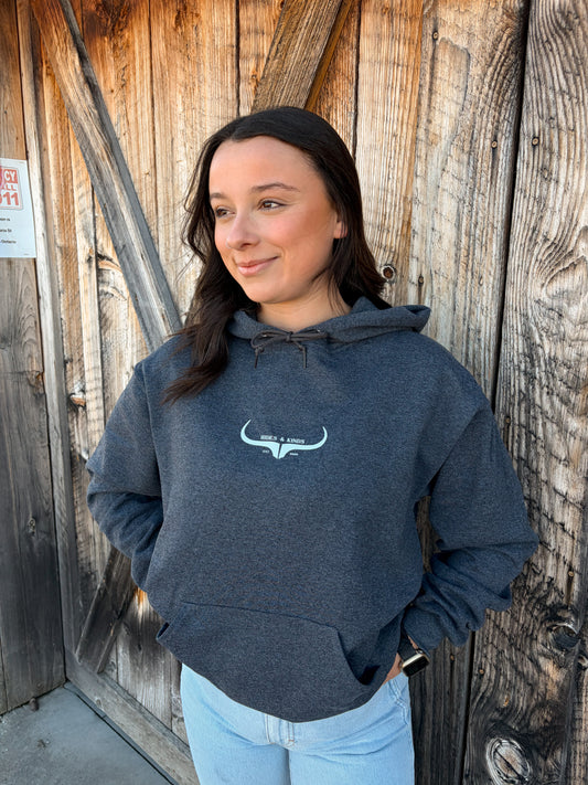 Hides & Kinds black heather original logo hoodie western country sweatshirt on model