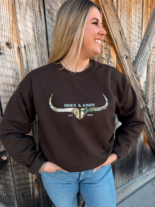 Hides & Kinds brown crewneck with camo horns logo western crewneck sweatshirt front view