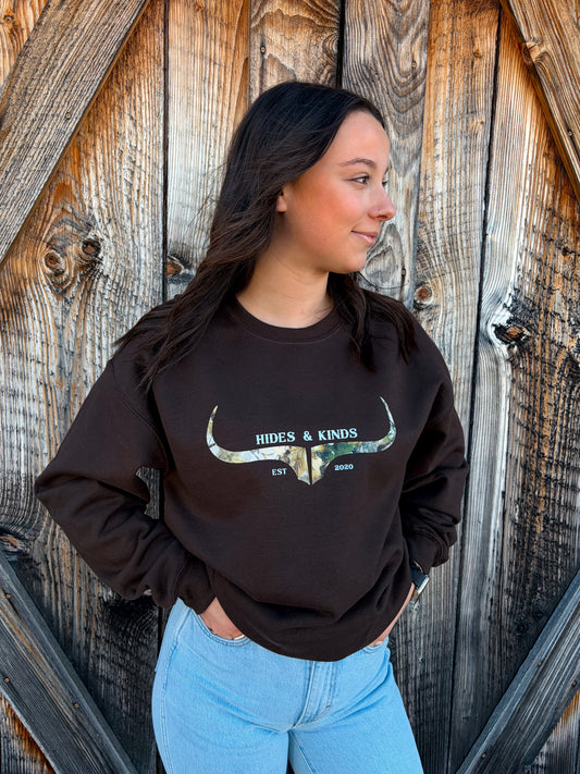 Hides & Kinds brown camo logo crewneck western country sweatshirt on model