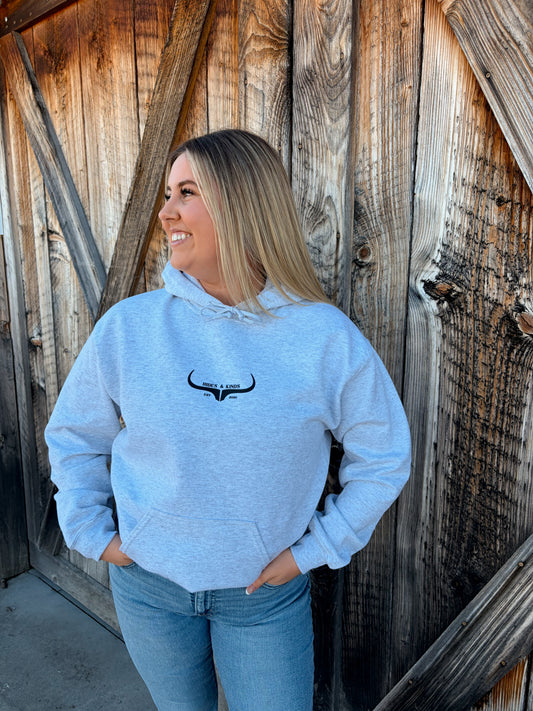 Hides & Kinds grey horns logo hoodie western country sweatshirt on model