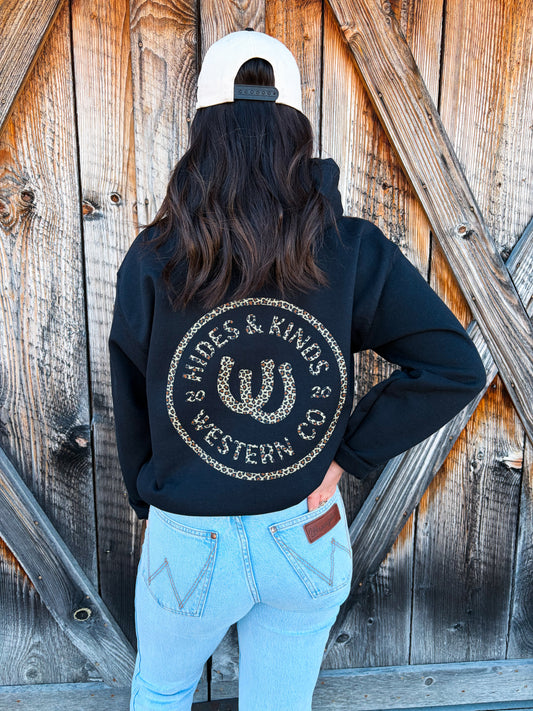 Hides & Kinds outrider hoodie with leopard print western logo on back black hoodie