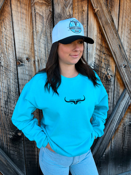 Teal western crewneck sweatshirt with longhorn logo by Hides and Kinds