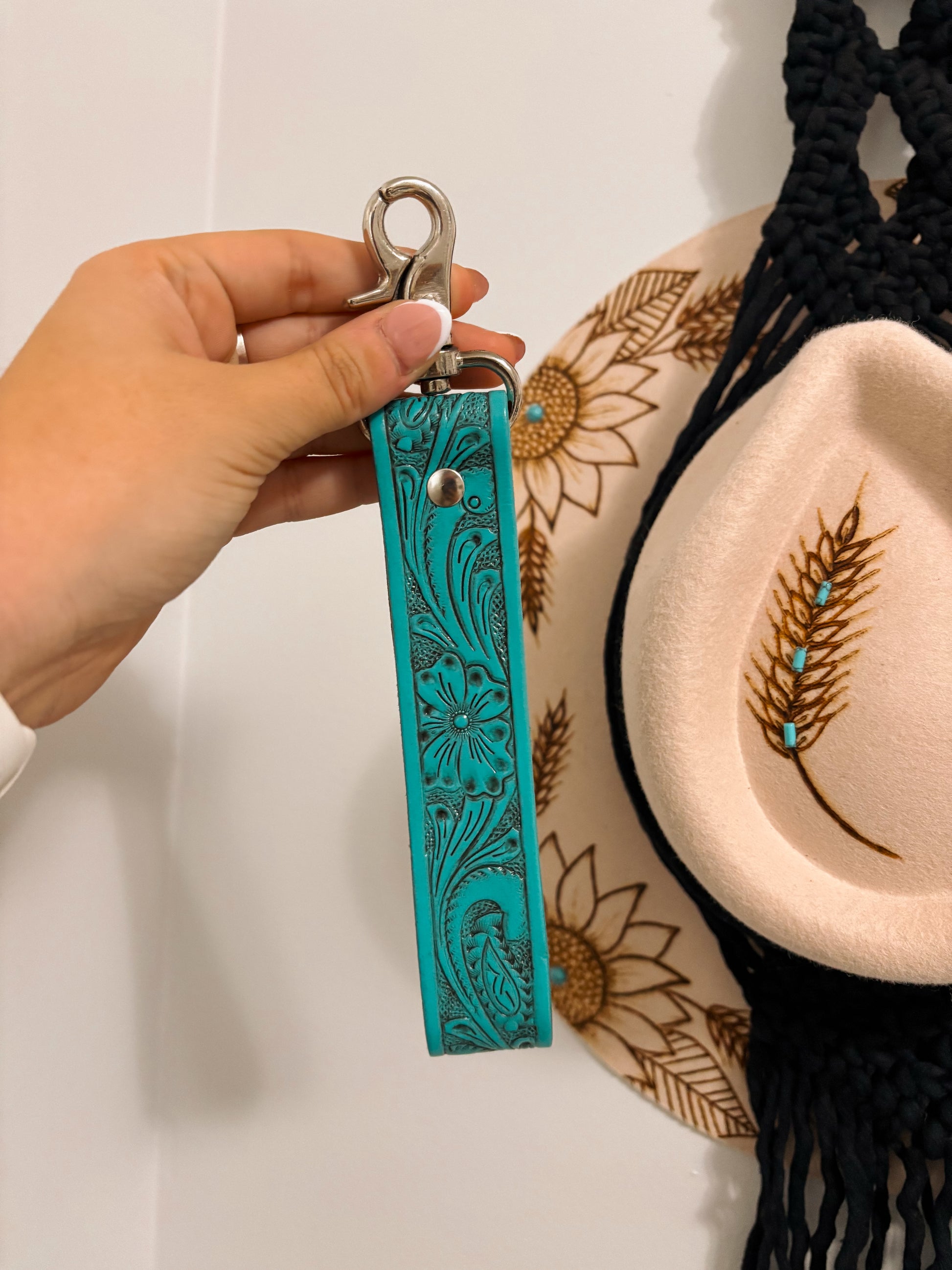 Western turquoise leather wristlet keychain with floral tooling – Hides & Kinds
