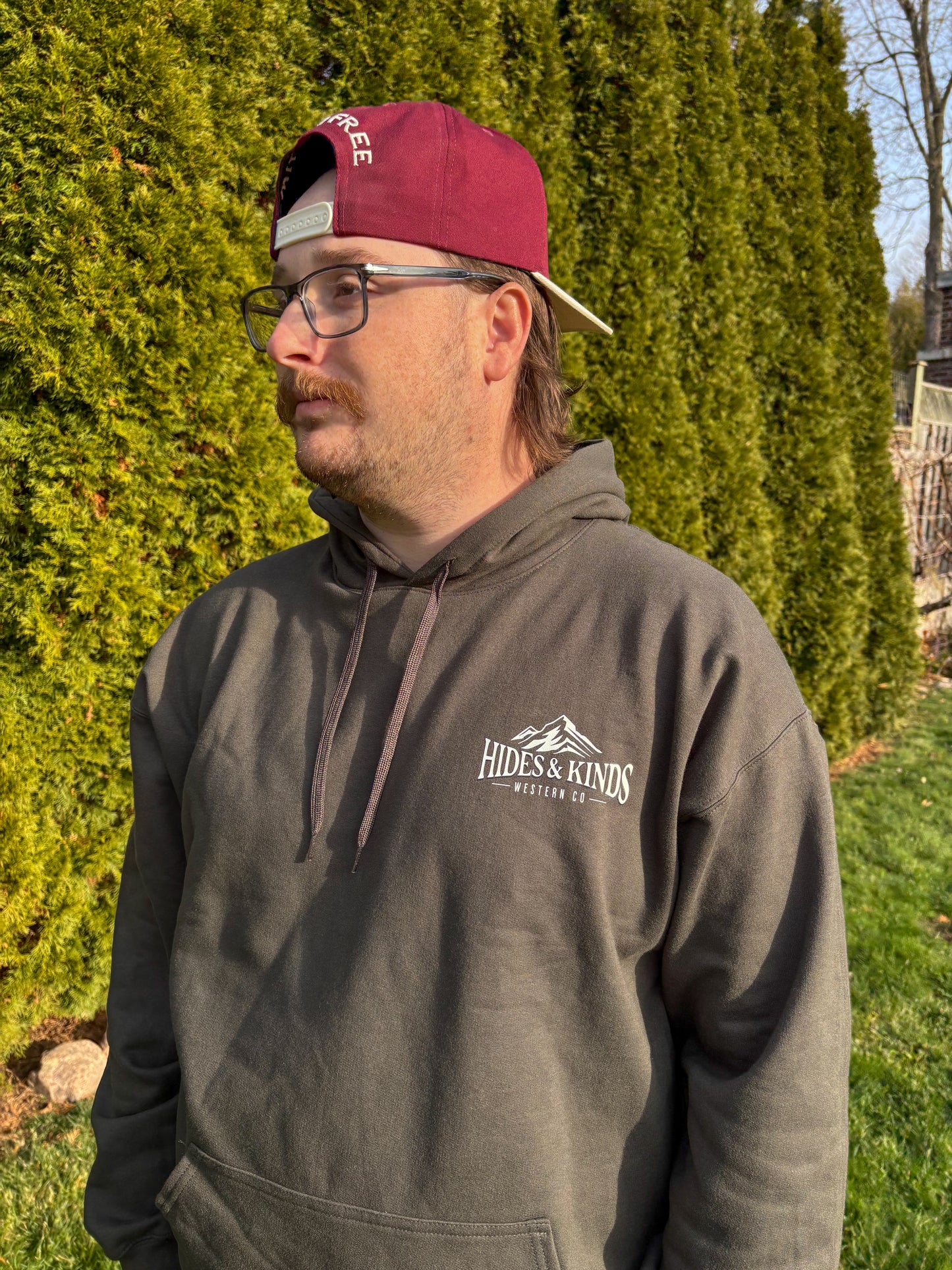 Men’s smoke High Country hoodie with Hides & Kinds Western Co chest logo