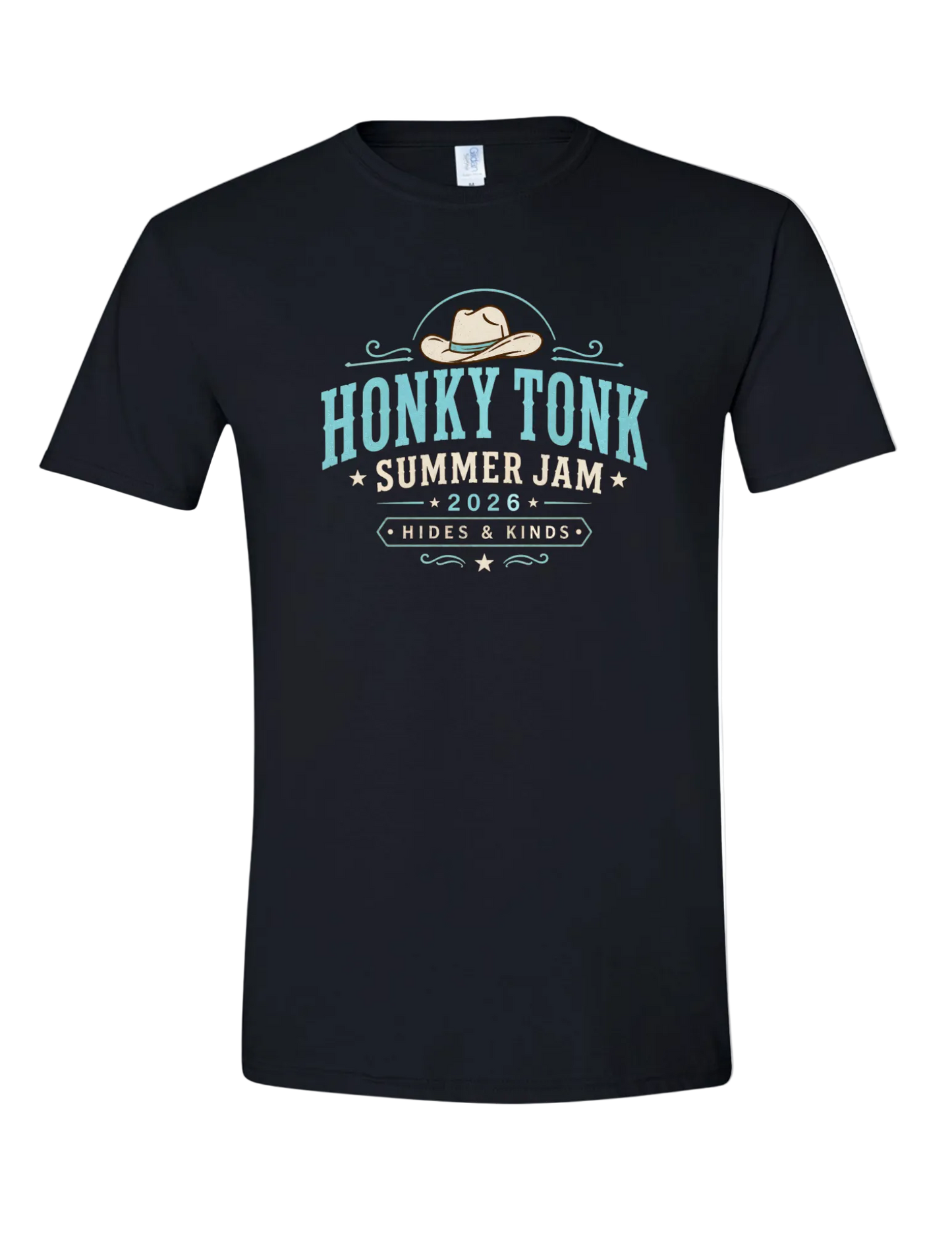 Black Honky Tonk Summer Jam 2026 graphic tee featuring western inspired turquoise country music festival design by Hides & Kinds.