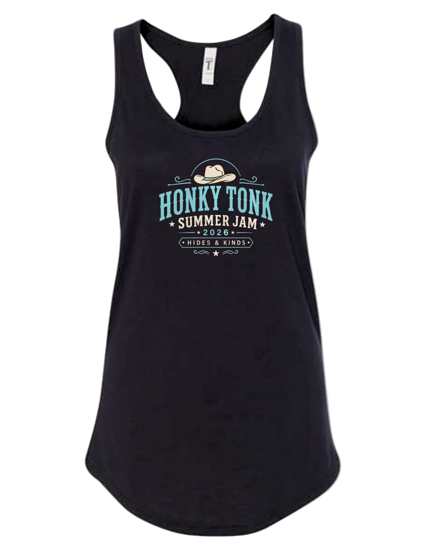 Women's black Honky Tonk Summer Jam racerback tank featuring turquoise western graphic with cowboy hat and Hides & Kinds branding.