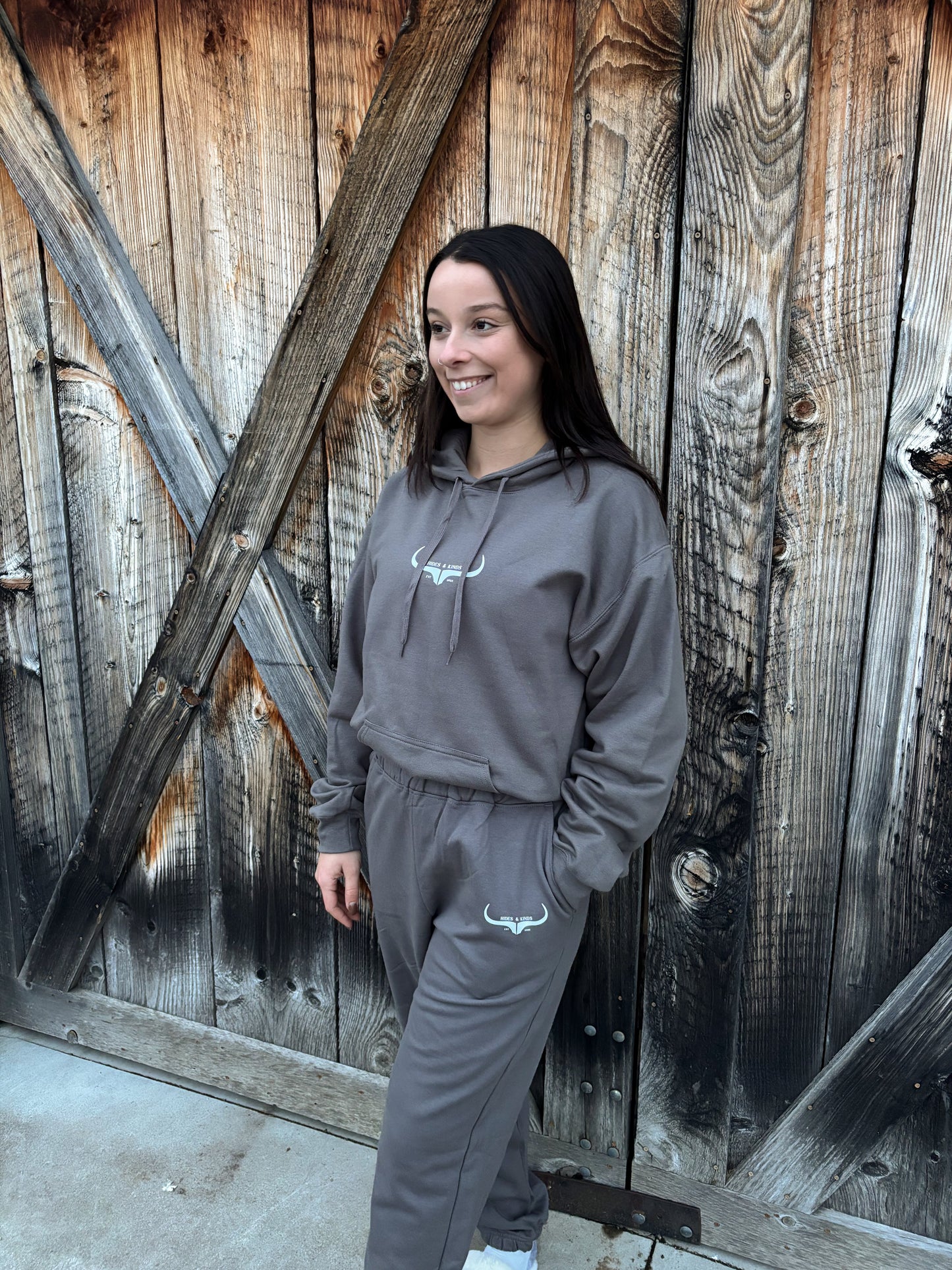 Alternate front view of the Original Logo Matching Set in charcoal grey showing the matching HK longhorn graphics.