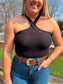 Callie Cross Neck Crop Top (Black)