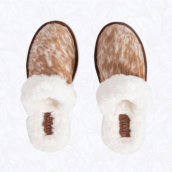 Brown & White Cowhide Slippers (PRE-ORDER)