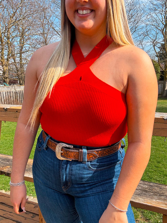 Callie Cross Neck Crop Top (Red)