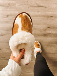 Brown & White Cowhide Slippers