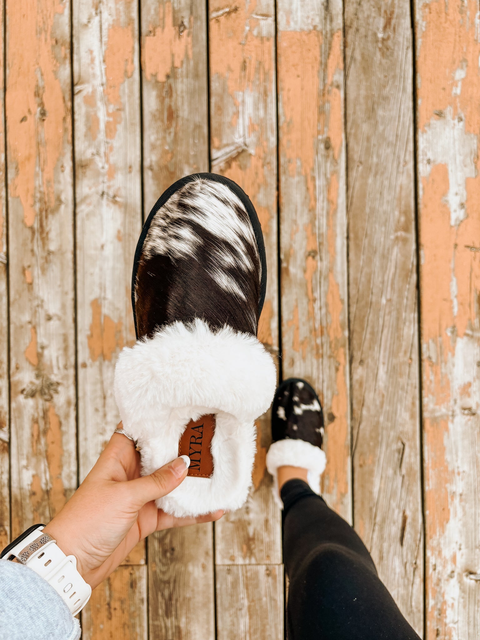 Black & White Cowhide Slippers (PRE-ORDER)