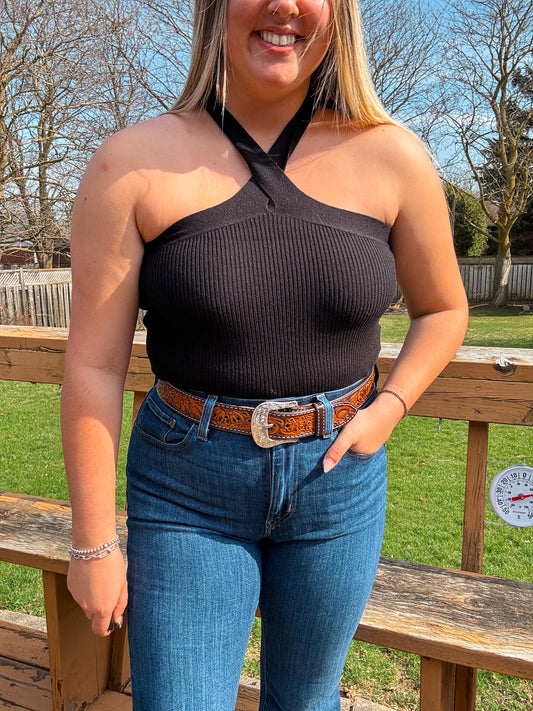 Callie Cross Neck Crop Top (Black)