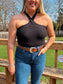 Callie Cross Neck Crop Top (Black)