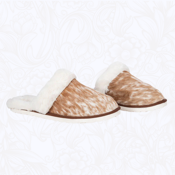 Brown & White Cowhide Slippers (PRE-ORDER)