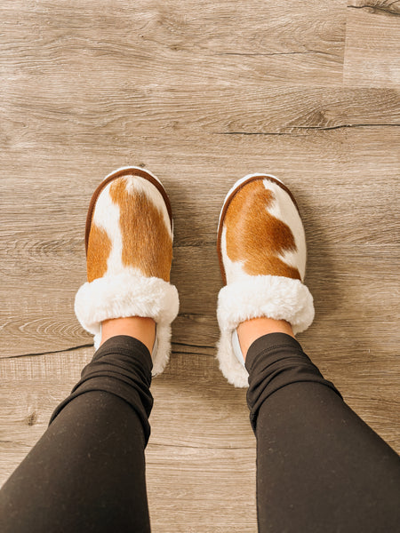 Brown & White Cowhide Slippers