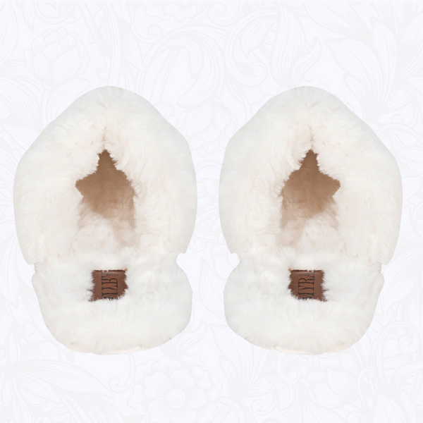 Brown & White Cowhide Slippers (PRE-ORDER)