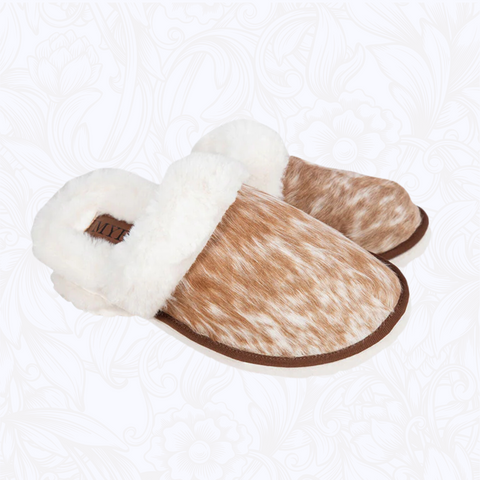 Brown & White Cowhide Slippers (PRE-ORDER)