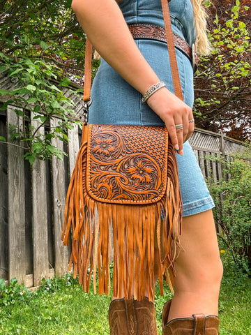 Brown Tooled Leather Fringe Purse