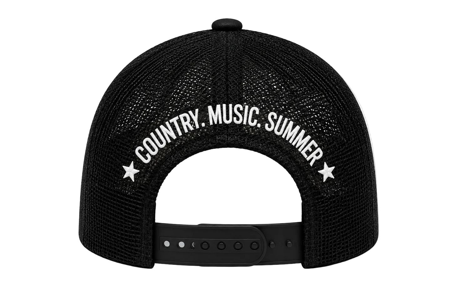 Black cap with 'COUNTRY. MUSIC. SUMMER' text and star designs on a white background