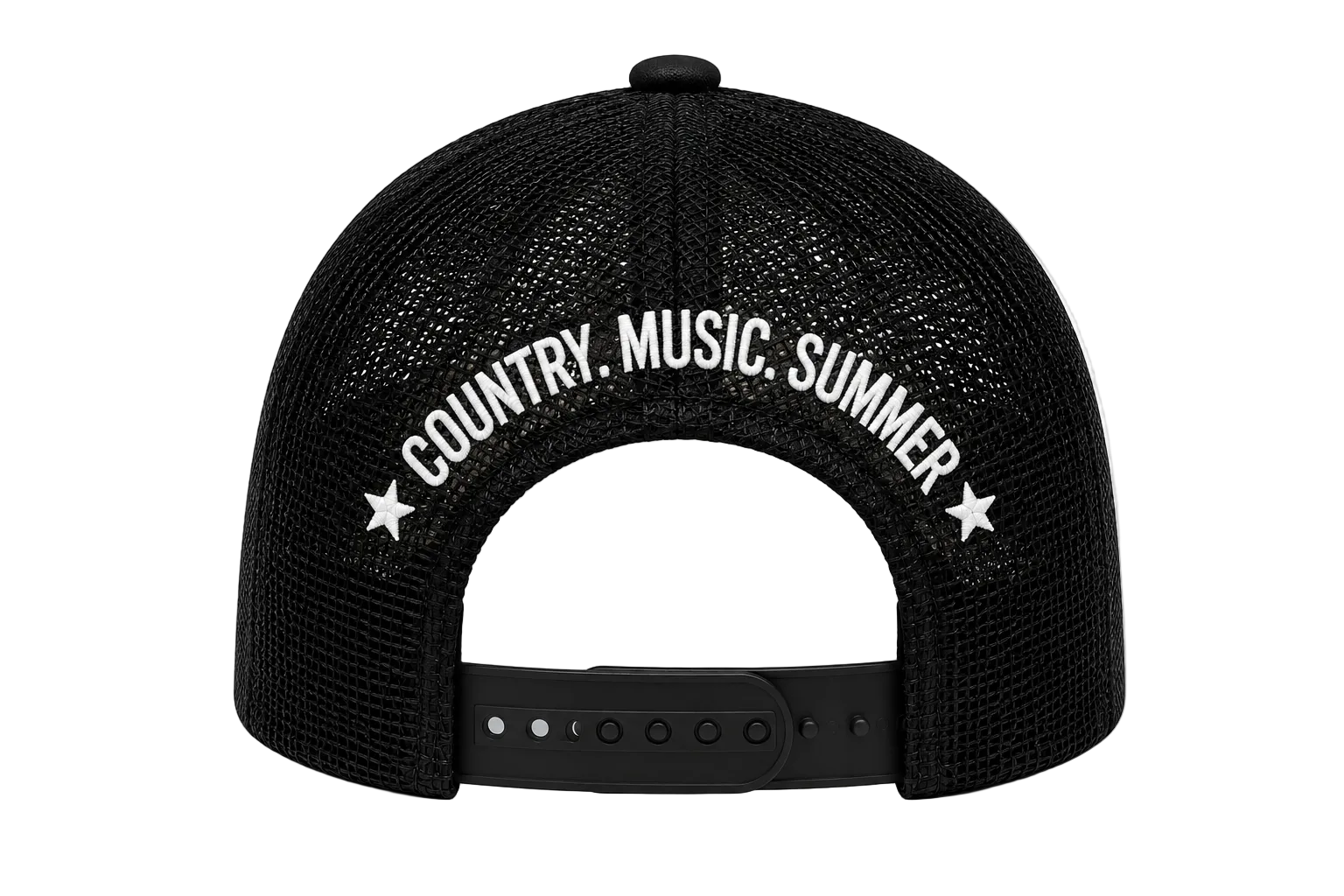 Black cap with 'COUNTRY. MUSIC. SUMMER' text and star designs on a white background