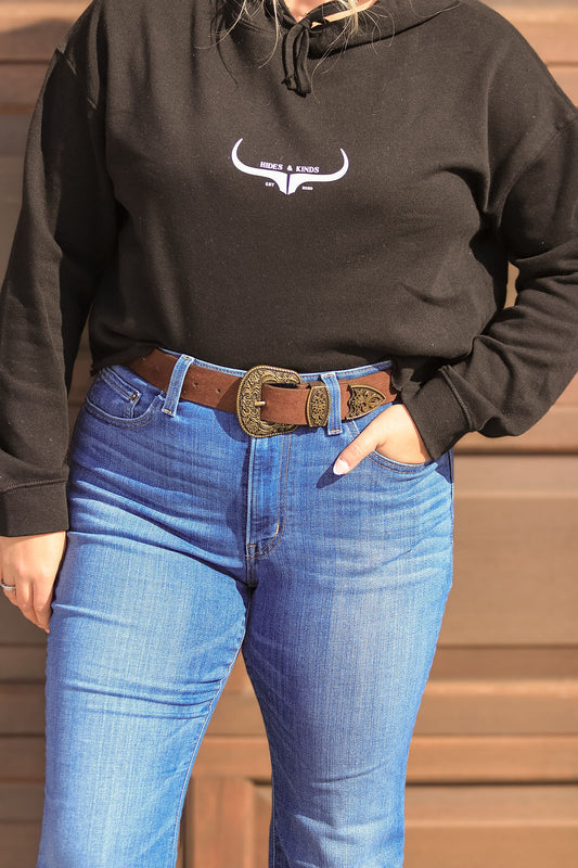 Front view of brown suede western belt with antique gold buckle