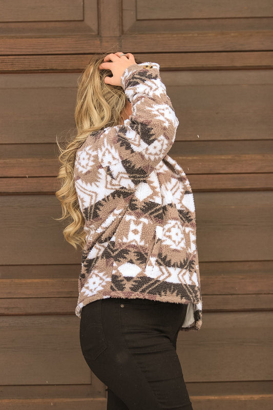 Side angle of cozy Aztec Sherpa Jacket with fleece fabric