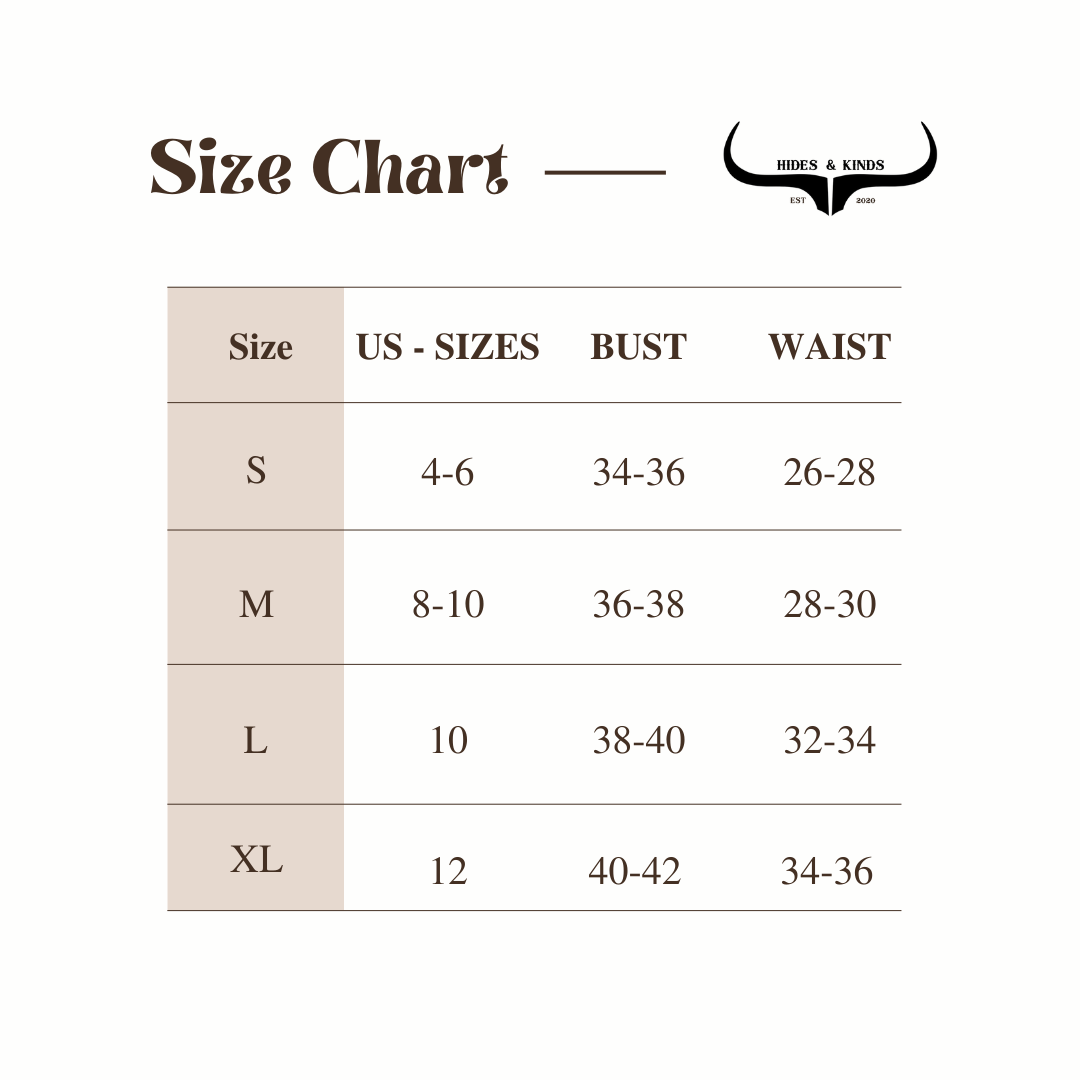 Size chart for Hides & Kinds Black Fleece Vest showing US sizes S–XL with bust and waist measurements.