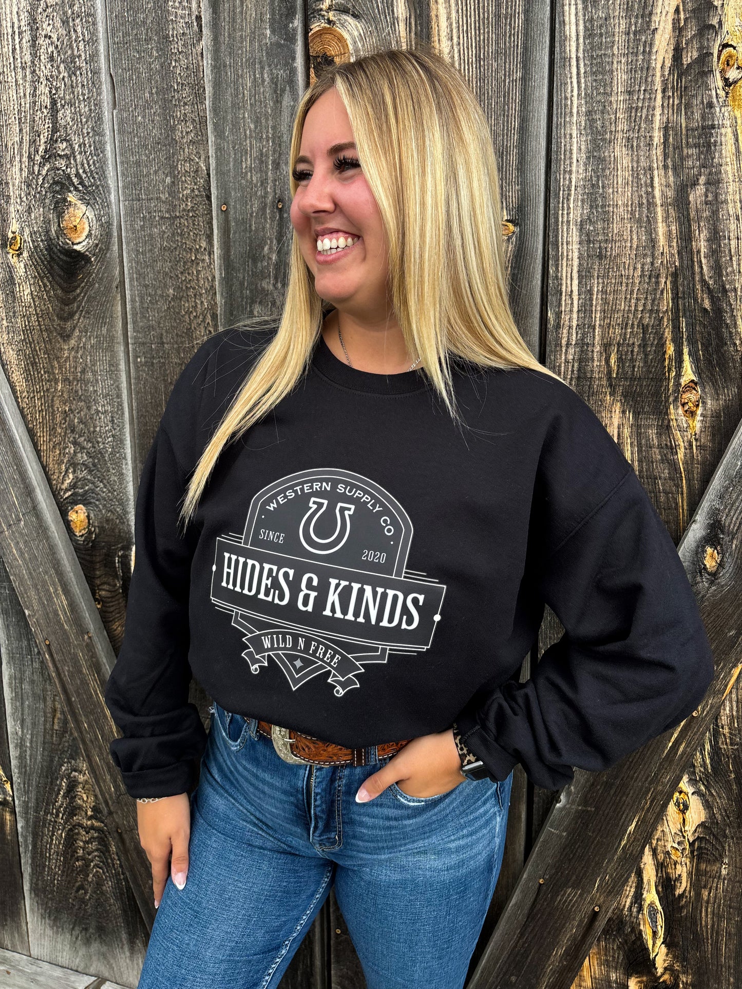 Close up of the Brand Outback Crewneck front design, black-on-black print