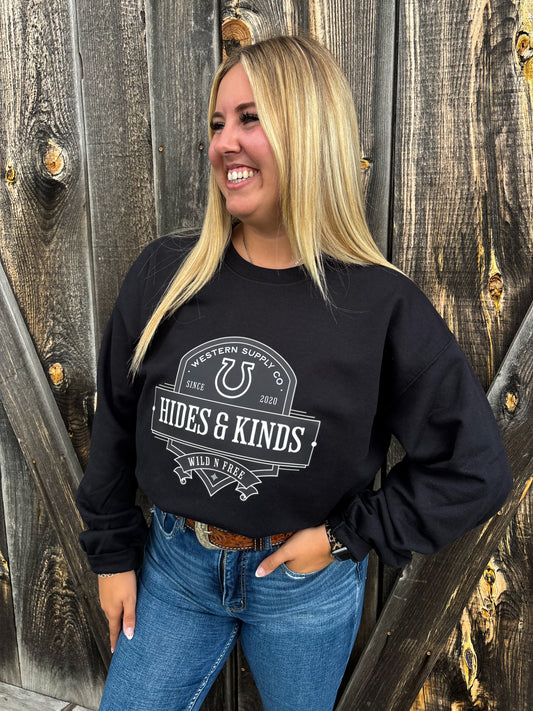 Close up of the Brand Outback Crewneck front design, black-on-black print