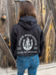 Back view of the H&K Branded Horseshoe Hoodie in black with cactus horseshoe graphic