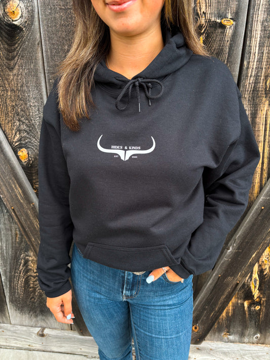Front view of the H&K Branded Horseshoe Hoodie with original logo design