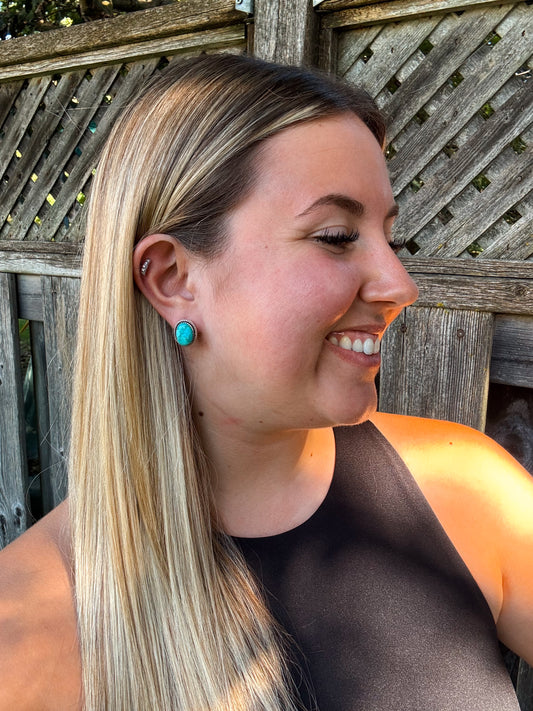 Sedona Turquoise Studs styled on model with desert-toned outfit