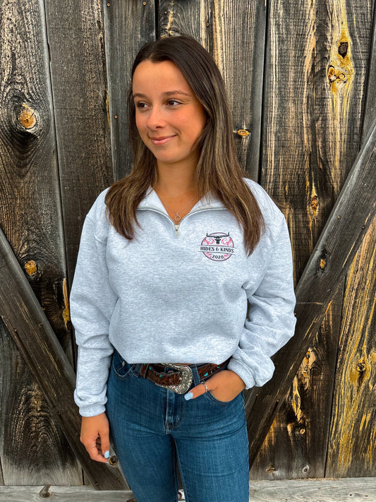 Full outfit featuring the Hides & Kinds pink Stampede Quarter Zip and jeans