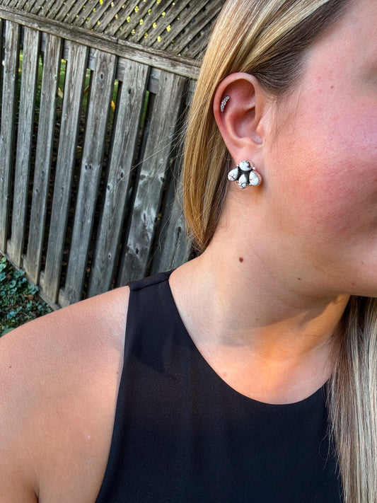 Model wearing the Wild Ridge Stud Earrings in white howlite, front facing close up view with natural lighting.