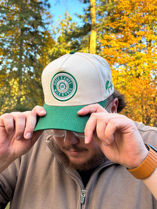Angled front view of The Country Line Hat by Hides & Kinds, inspired by classic beer-label design.