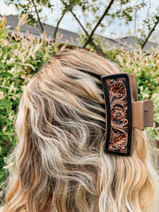 Floral Tooled Leather Claw Clip