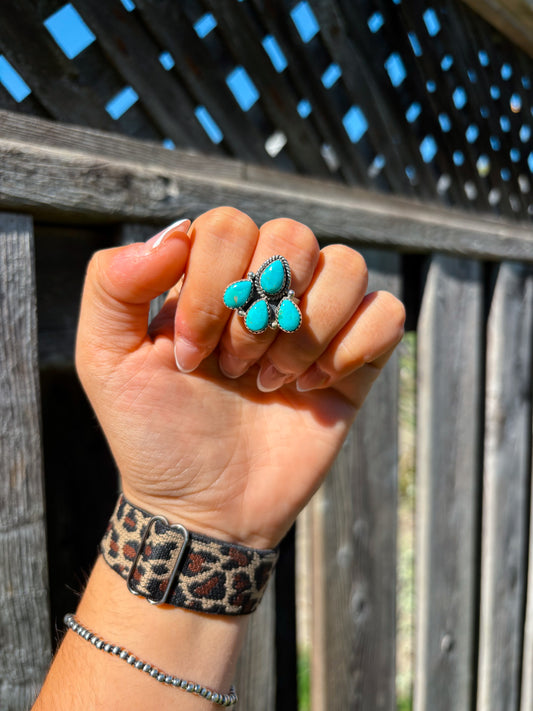 Outpost Ring with teardrop turquoise stones shown on clenched fist in natural sunlight
