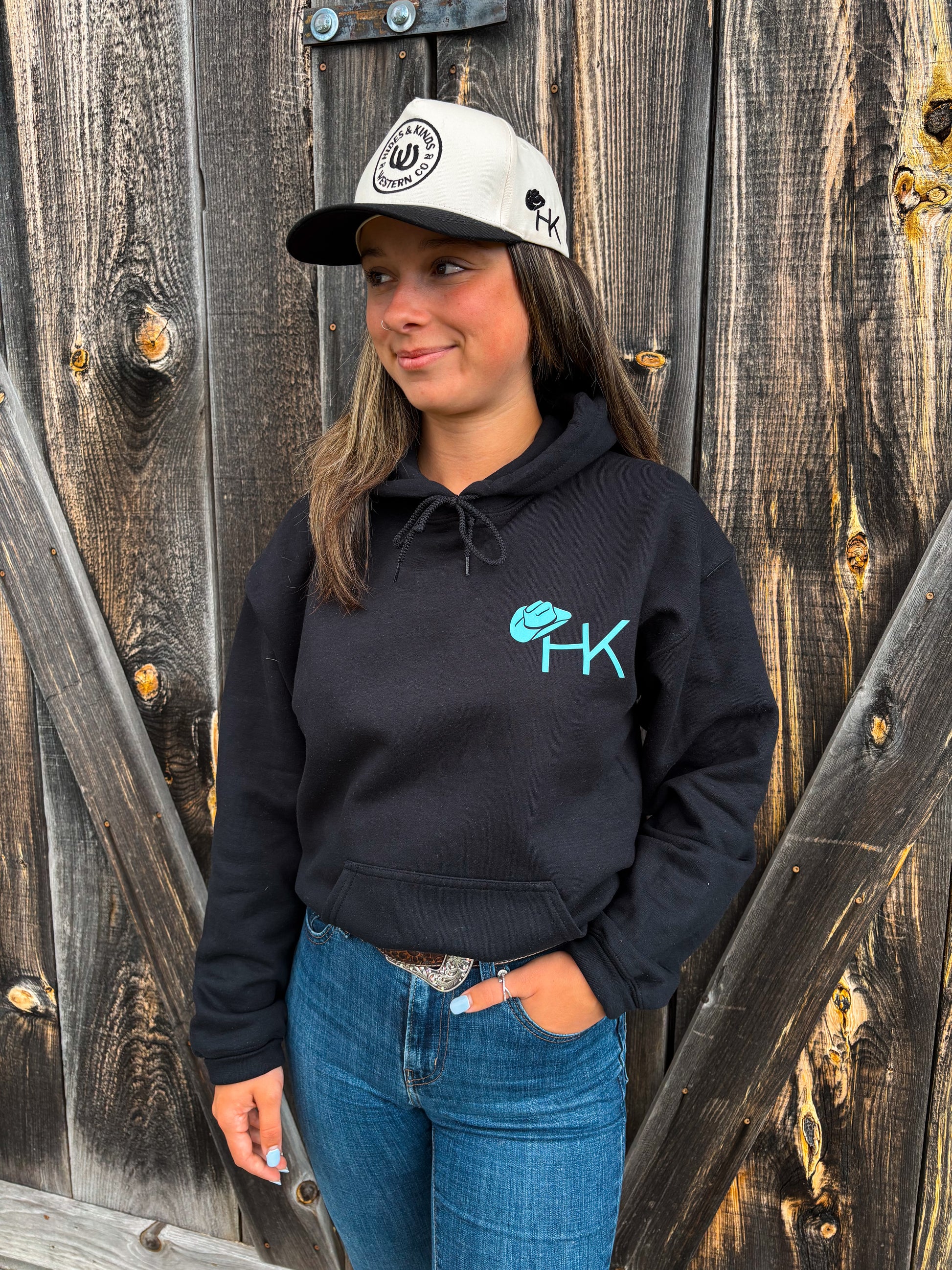 Full outfit with Outrider Hoodie and Hides & Kinds hat – casual western style