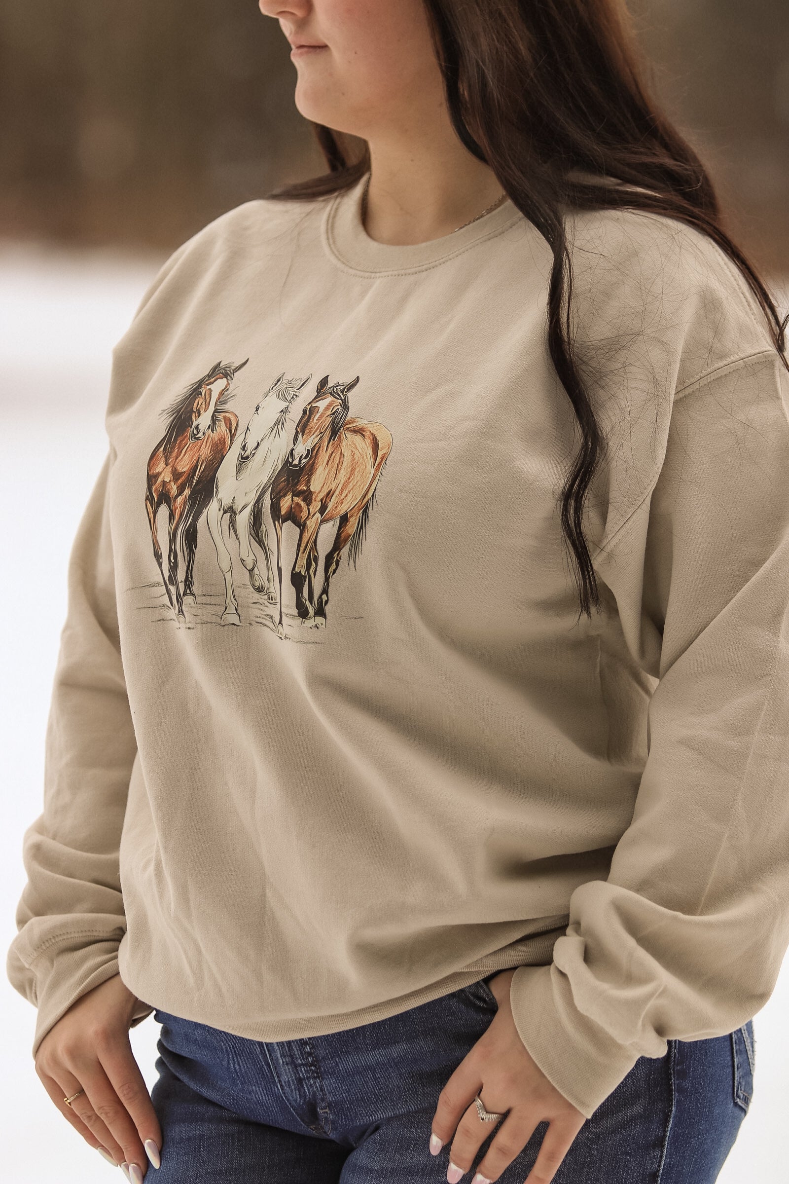 Close side view of the Trail Trio Crewneck showing the intricate running horses design and relaxed fit, perfect for cold weather and layered casual style.