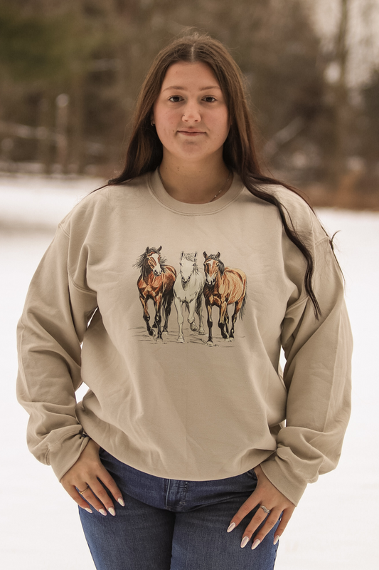 Front facing photo of model styled in the Trail Trio Crewneck from Hides & Kinds, showcasing detailed artwork of three horses running together.