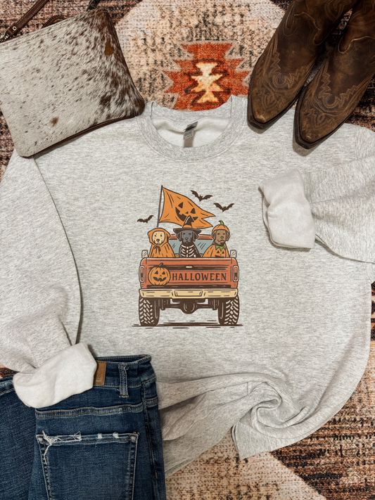 Trick or Truck crewneck with cartoon dogs in the back of a Halloween pickup truck, styled with jeans, cowhide purse, and cowboy boots
