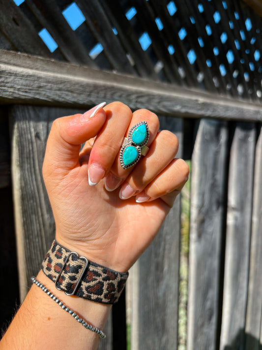 Western turquoise double stone Twin Trails Ring styled on hand with watch and bracelet