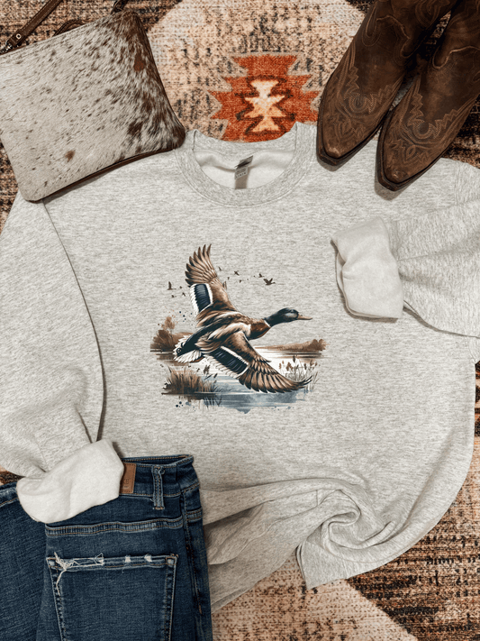 Vintage Mallard Duck Crewneck in ash grey, country inspired sweatshirt with flying duck print and rustic outdoor style